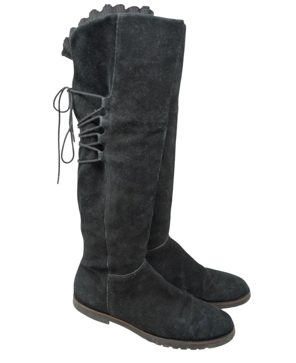 Lands’ End Black Suede Knee High Lace Up Winter Riding Boots Women’s Size 6B